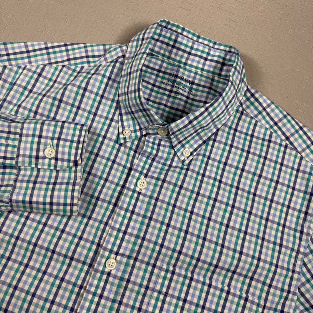 J.Crew Mens The Offshore Performance Shirt M Blue Teal Plaid Long Sleeve Stretch